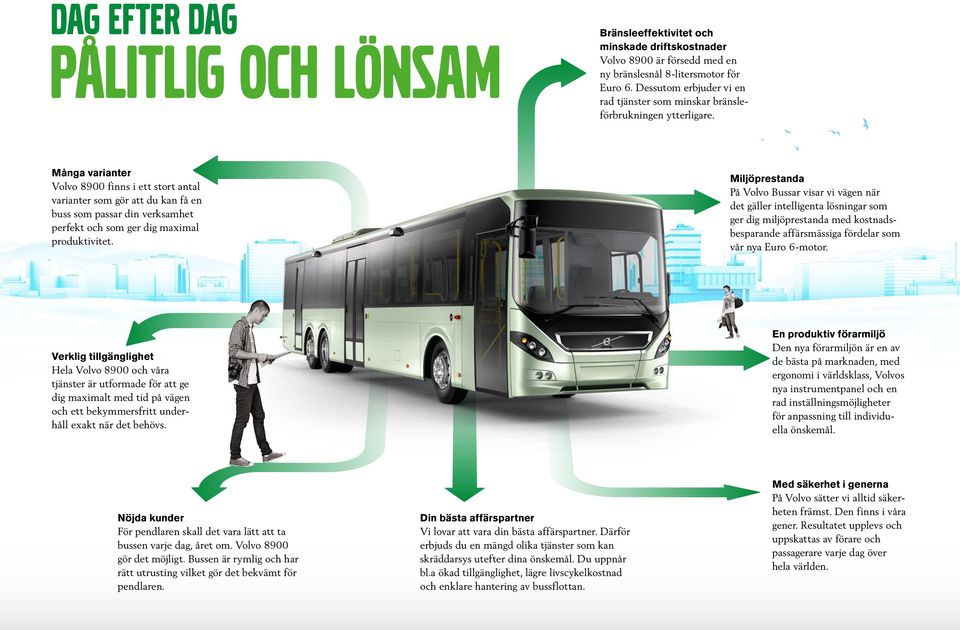 Många varianter Volvo 8900 finns i ett stort antal varianter som gör att du kan få en buss som passar din verksamhet perfekt och som ger dig maximal produktivitet.