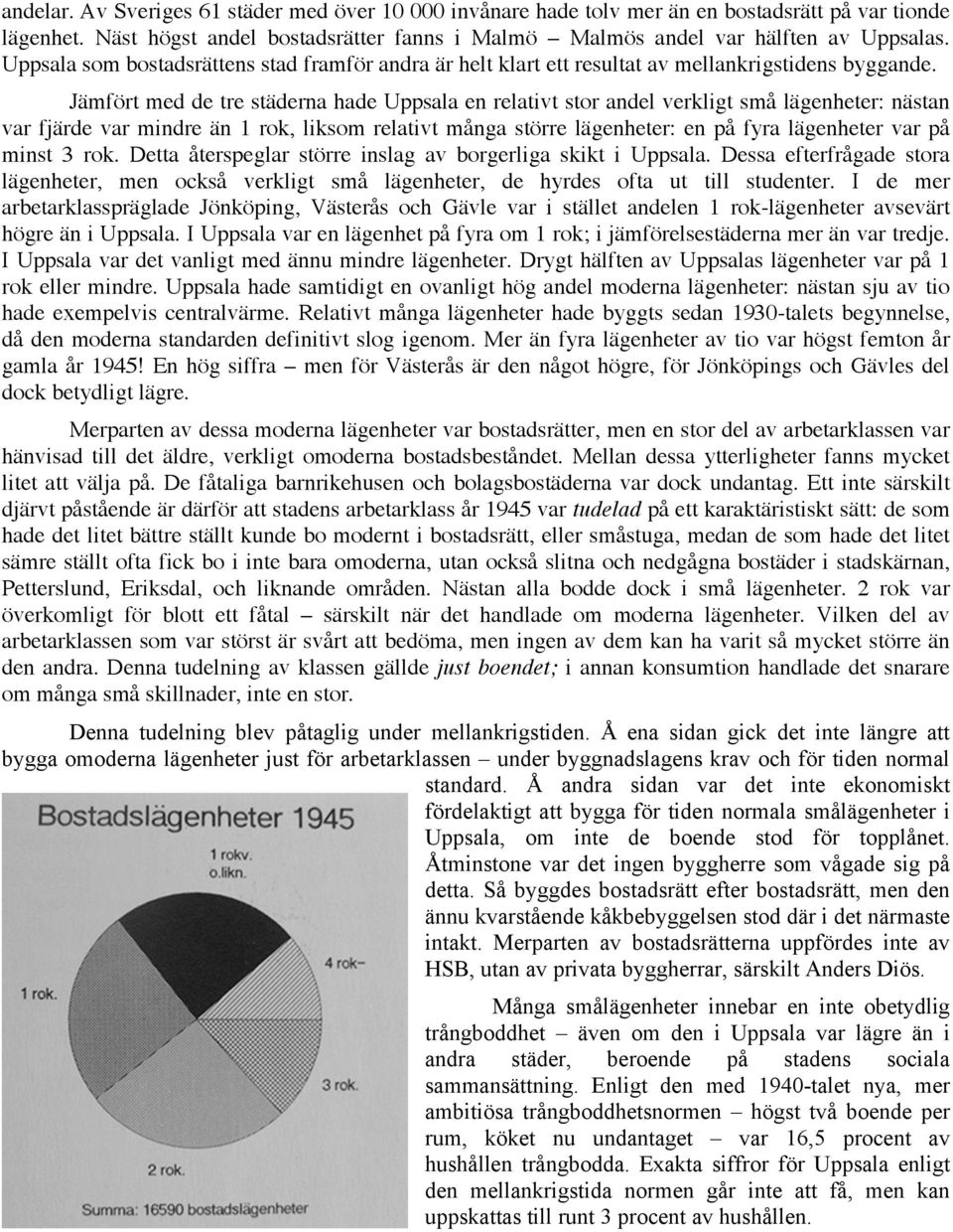 Jämfört med de tre städerna hade Uppsala en relativt stor andel verkligt små lägenheter: nästan var fjärde var mindre än 1 rok, liksom relativt många större lägenheter: en på fyra lägenheter var på