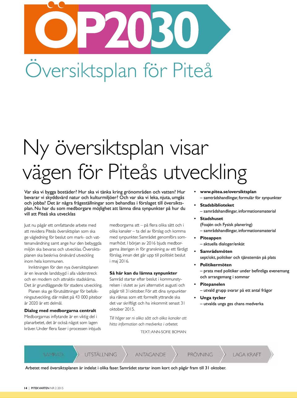 Nu har du som medborgare möjlighet att lämna dina synpunkter på hur du vill att Piteå ska utvecklas Just nu pågår ett omfattande arbete med att revidera Piteås översiktsplan som ska ge vägledning för