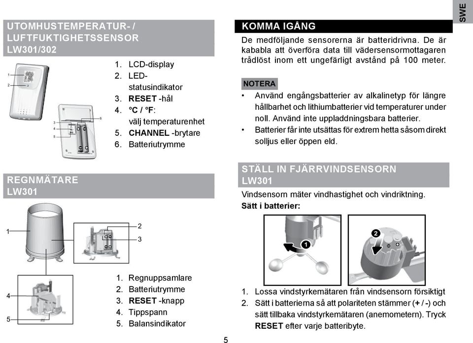 NOTERA Använd engångsbatterier av alkalinetyp för längre hållbarhet och lithiumbatterier vid temperaturer under noll. Använd inte uppladdningsbara batterier.