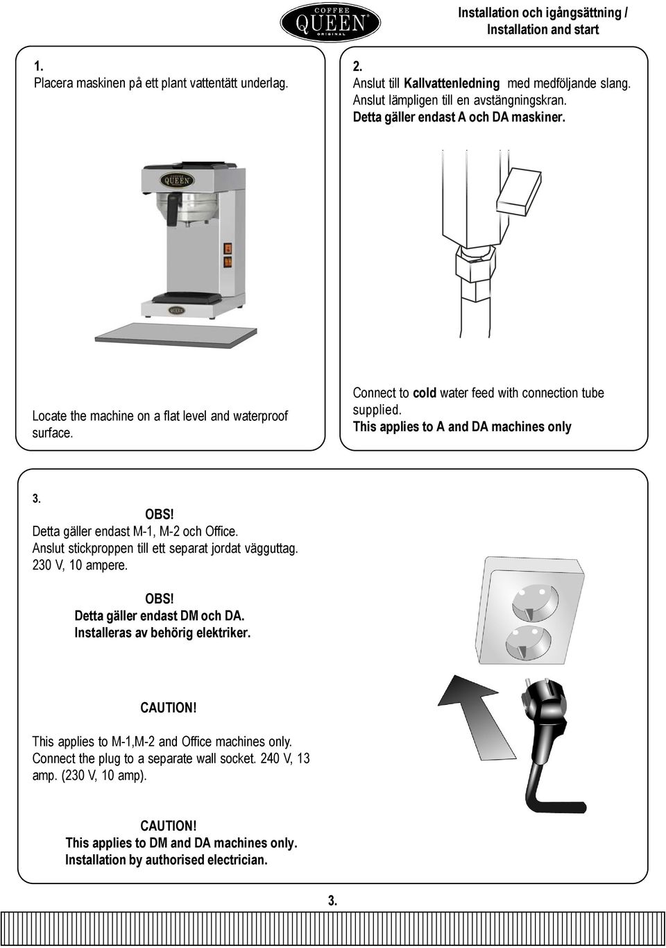 This applies to A and DA machines only 3. OBS! Detta gäller endast M-1, M-2 och Office. Anslut stickproppen till ett separat jordat vägguttag. 230 V, 10 ampere. OBS! Detta gäller endast DM och DA.