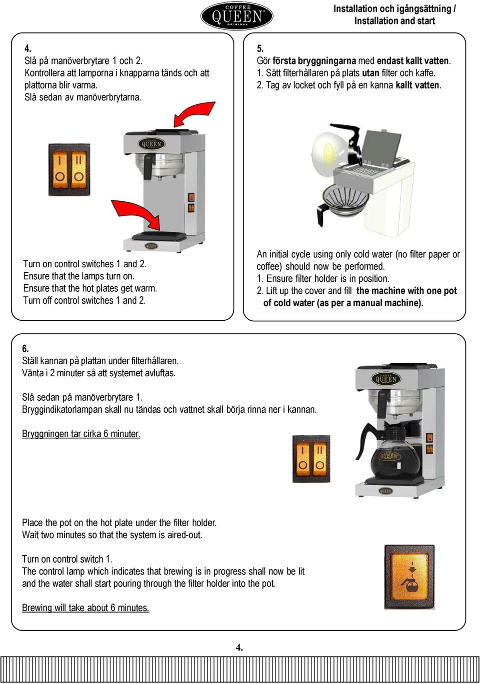 Ensure that the lamps turn on. Ensure that the hot plates get warm. Turn off control switches 1 and 2. An initial cycle using only cold water (no filter paper or coffee) should now be performed. 1. Ensure filter holder is in position.
