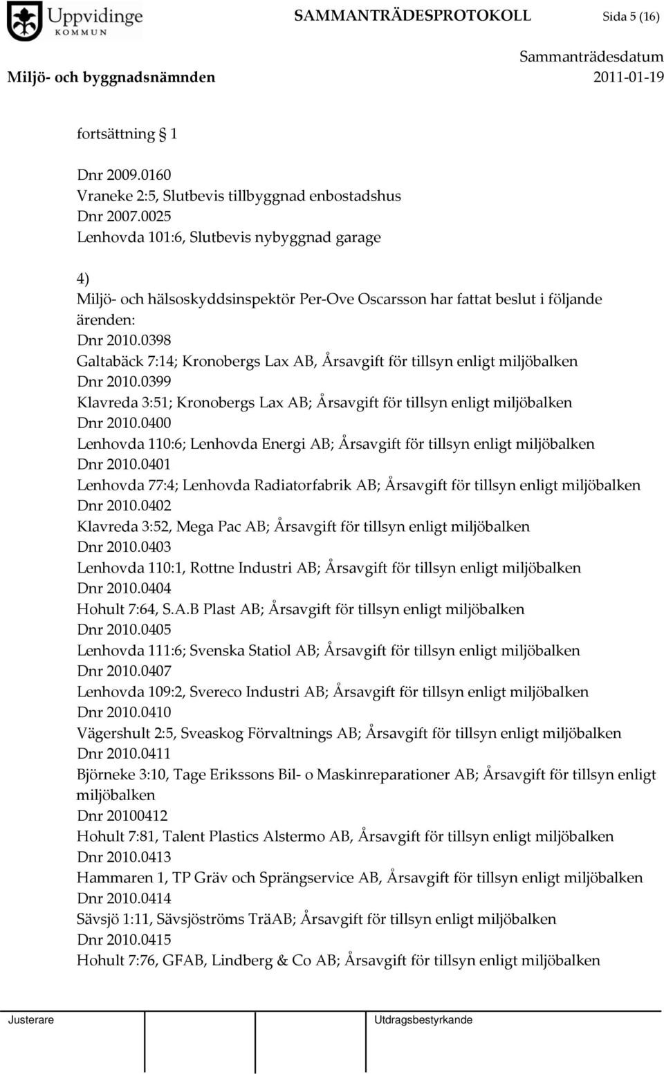 0398 Galtabäck 7:14; Kronobergs Lax AB, Årsavgift för tillsyn enligt miljöbalken Dnr 2010.0399 Klavreda 3:51; Kronobergs Lax AB; Årsavgift för tillsyn enligt miljöbalken Dnr 2010.