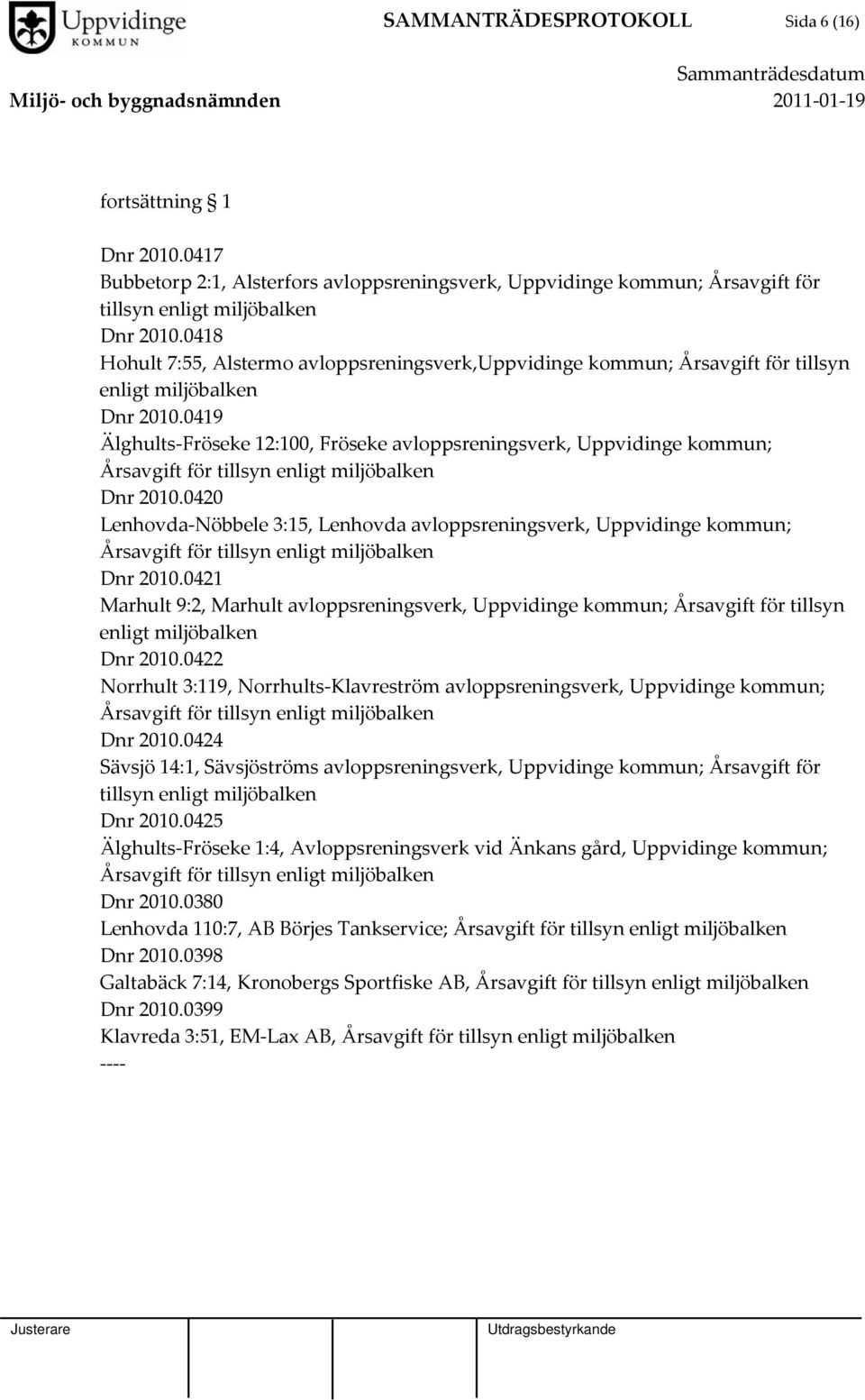 0419 Älghults Fröseke 12:100, Fröseke avloppsreningsverk, Uppvidinge kommun; Årsavgift för tillsyn enligt miljöbalken Dnr 2010.