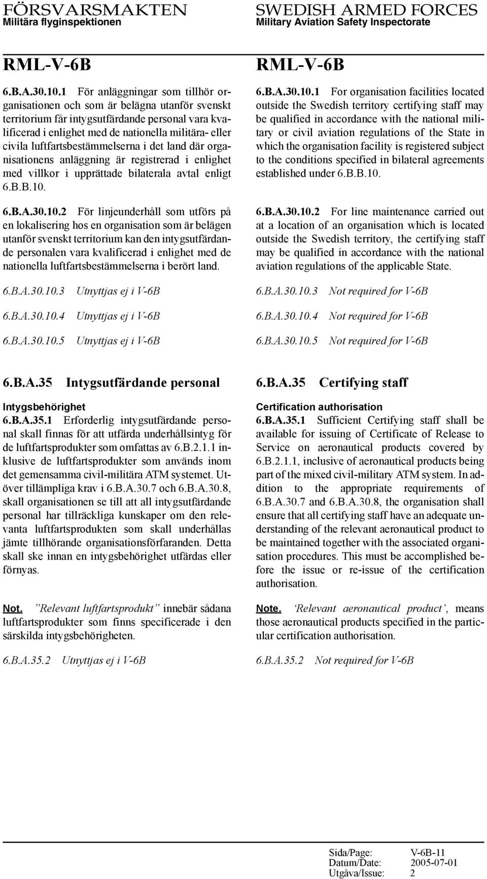 luftfartsbestämmelserna i det land där organisationens anläggning är registrerad i enlighet med villkor i upprättade bilaterala avtal enligt 6.B.B.10.