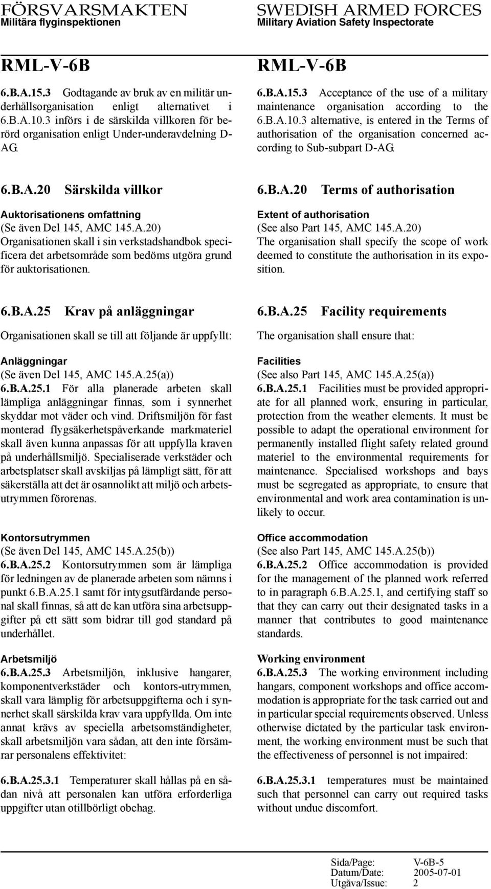 A.20) Organisationen skall i sin verkstadshandbok specificera det arbetsområde som bedöms utgöra grund för auktorisationen. 6.B.A.20 Terms of authorisation Extent of authorisation (See also Part 145, AMC 145.