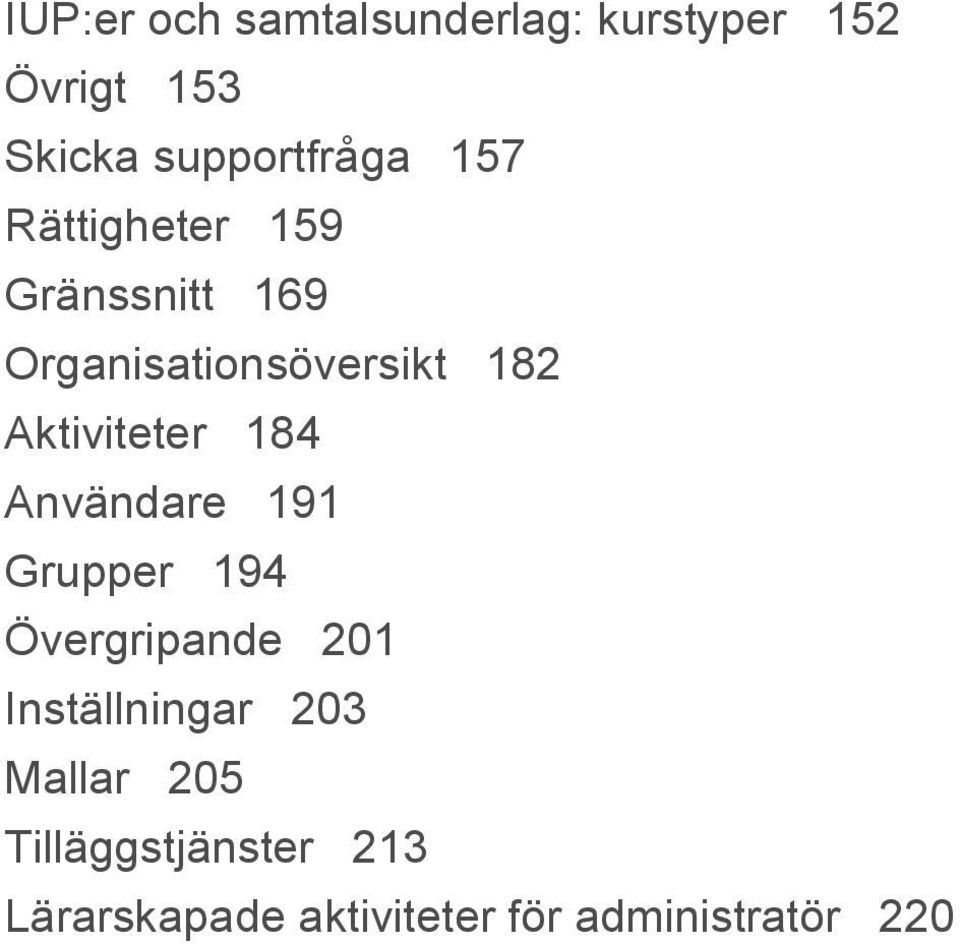 184 Användare 191 Grupper 194 Övergripande 201 Inställningar 203 Mallar