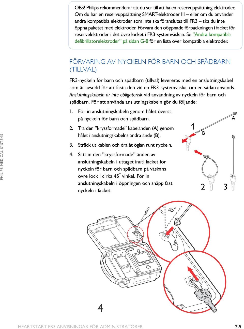 Förvara den oöppnade förpackningen i facket för reservelektroder i det övre locket i FR3-systemväskan. Se Andra kompatibla defibrillatorelektroder på sidan G-8 för en lista över kompatibla elektroder.