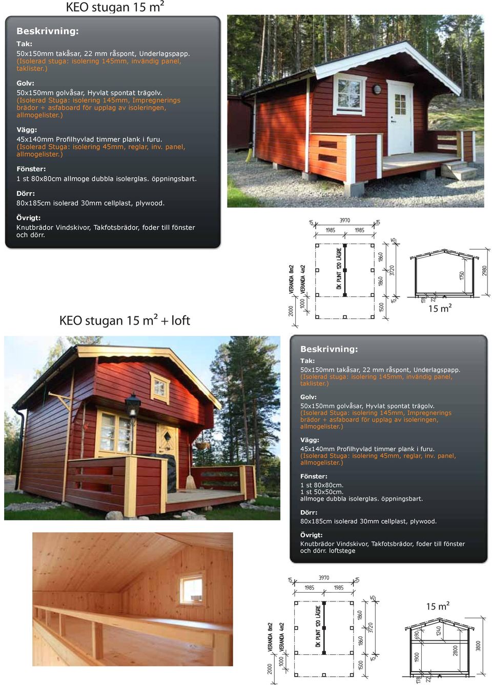 KEO stugan 15 m² + loft 15 m² 50x150mm takåsar, 22 mm råspont, Underlagspapp.