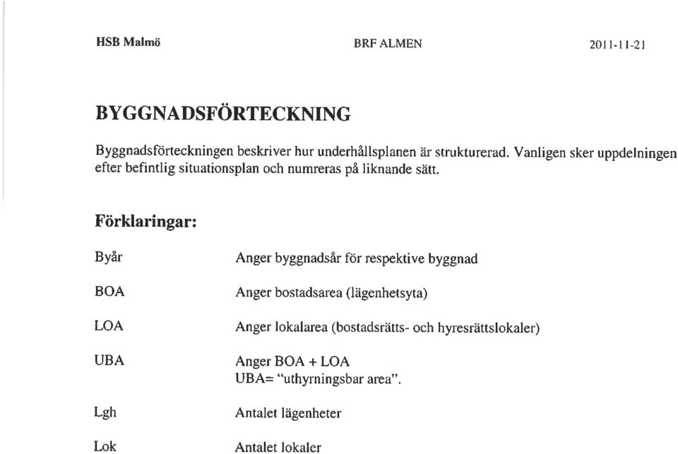 Förklaringar: Byår BOA LOA UBA Lgh Lok Anger byggnadsår för respektive byggnad Anger bostadsarea (lägenhetsyta)