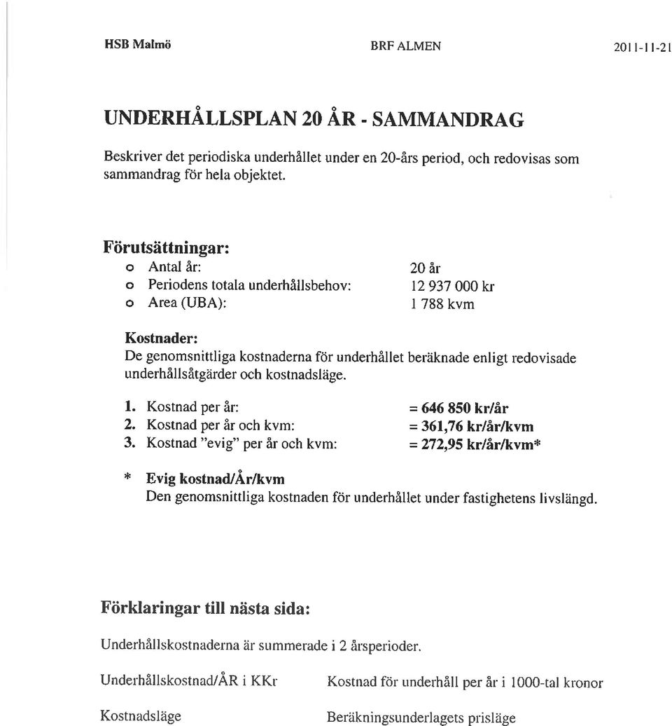 underhållsåtgärder och kostnadsläge. 1. Kostnad per år: = 646 850 kr/år 2. Kostnad per år och kvm: = 361,76 kr/år/kvm 3.