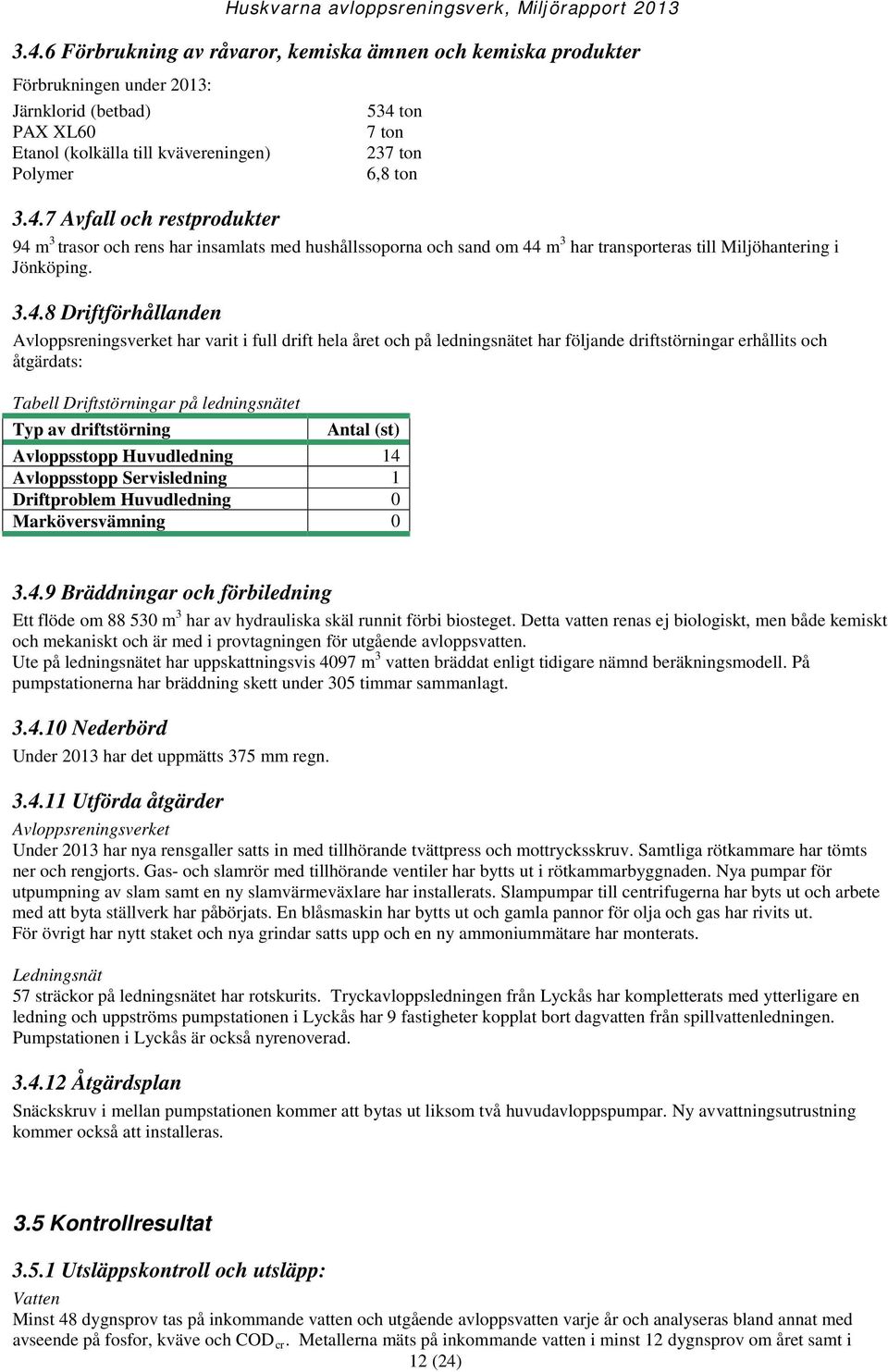 driftstörning Antal (st) Avloppsstopp Huvudledning 14 Avloppsstopp Servisledning 1 Driftproblem Huvudledning 0 Marköversvämning 0 3.4.9 Bräddningar och förbiledning Ett flöde om 88 530 m 3 har av hydrauliska skäl runnit förbi biosteget.