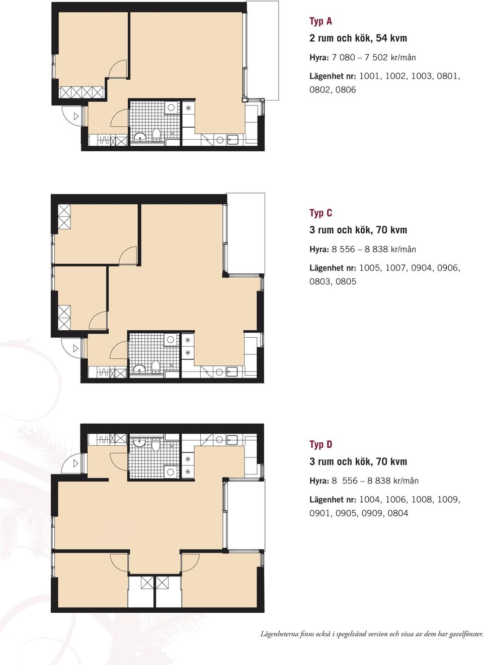 0803, 0805 Typ D 3 rum och kök, 70 kvm Hyra: 8 556 8 838 kr/mån Lägenhet nr: 1004, 1006, 1008,