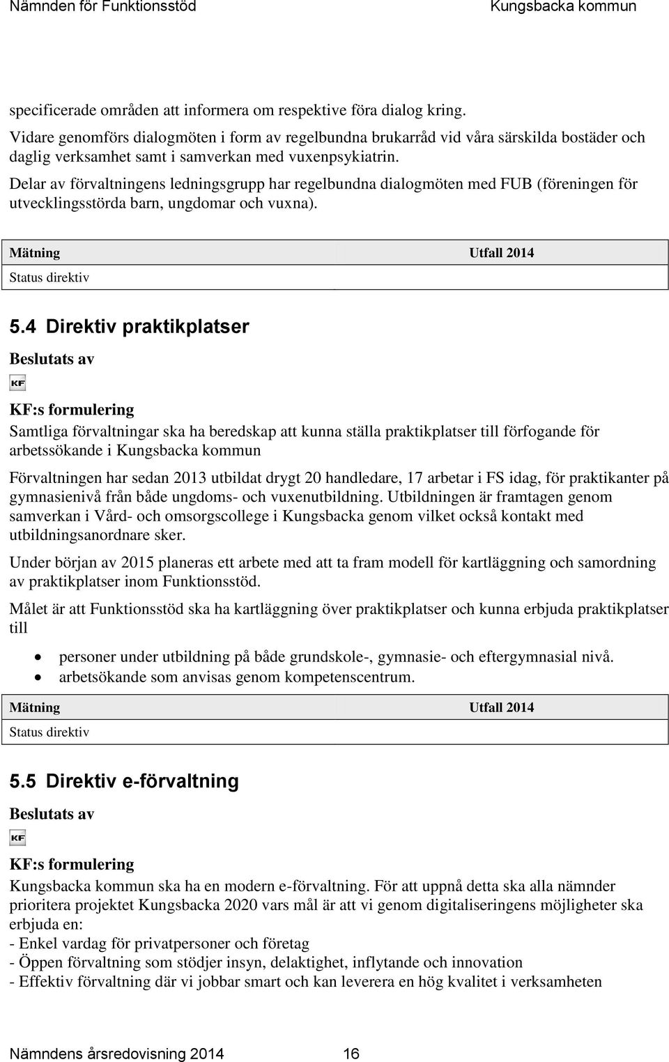 Delar av förvaltningens ledningsgrupp har regelbundna dialogmöten med FUB (föreningen för utvecklingsstörda barn, ungdomar och vuxna). Mätning Status direktiv 5.