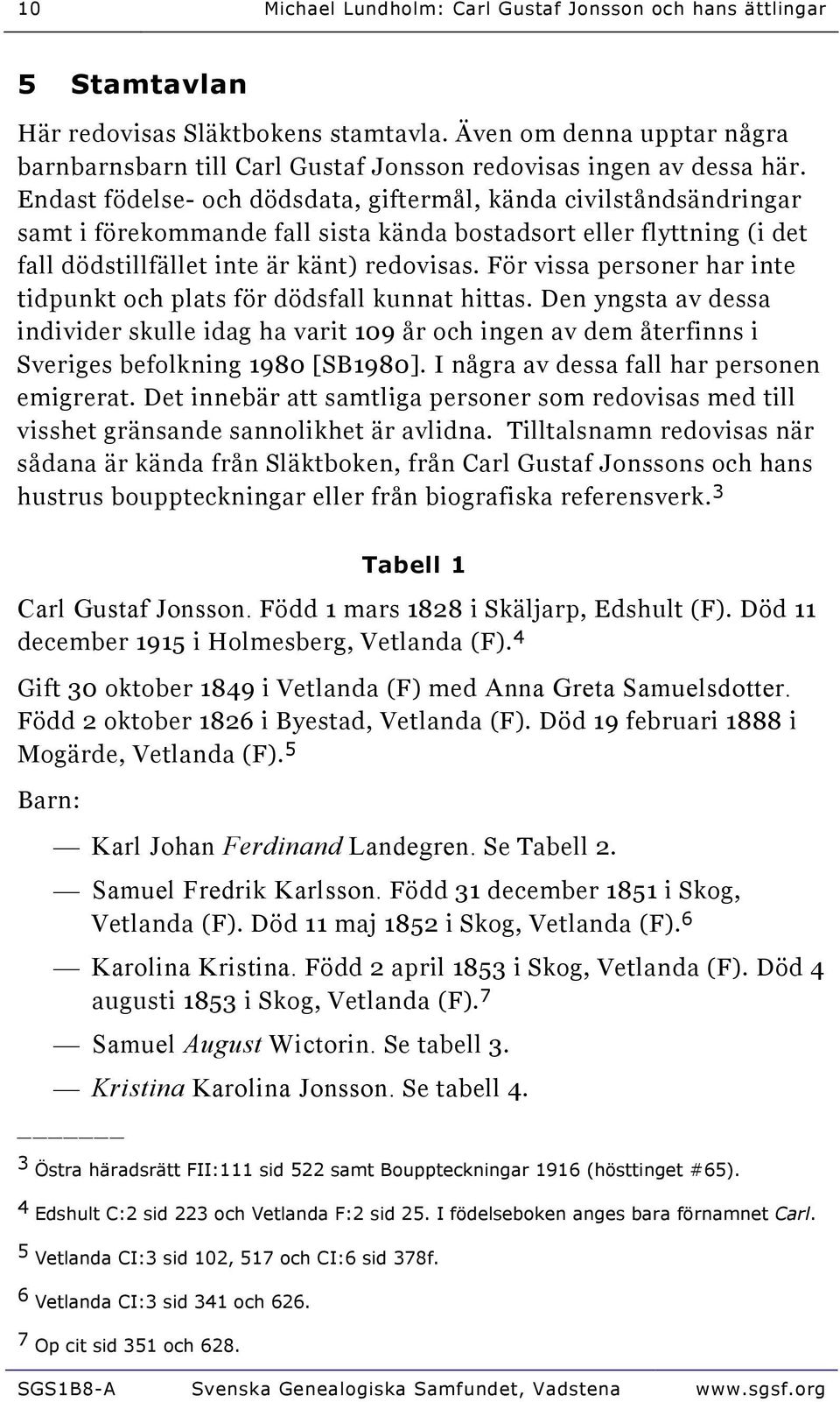 Endast födelse- och dödsdata, giftermål, kända civilståndsändringar samt i förekommande fall sista kända bostadsort eller flyttning (i det fall dödstillfället inte är känt) redovisas.