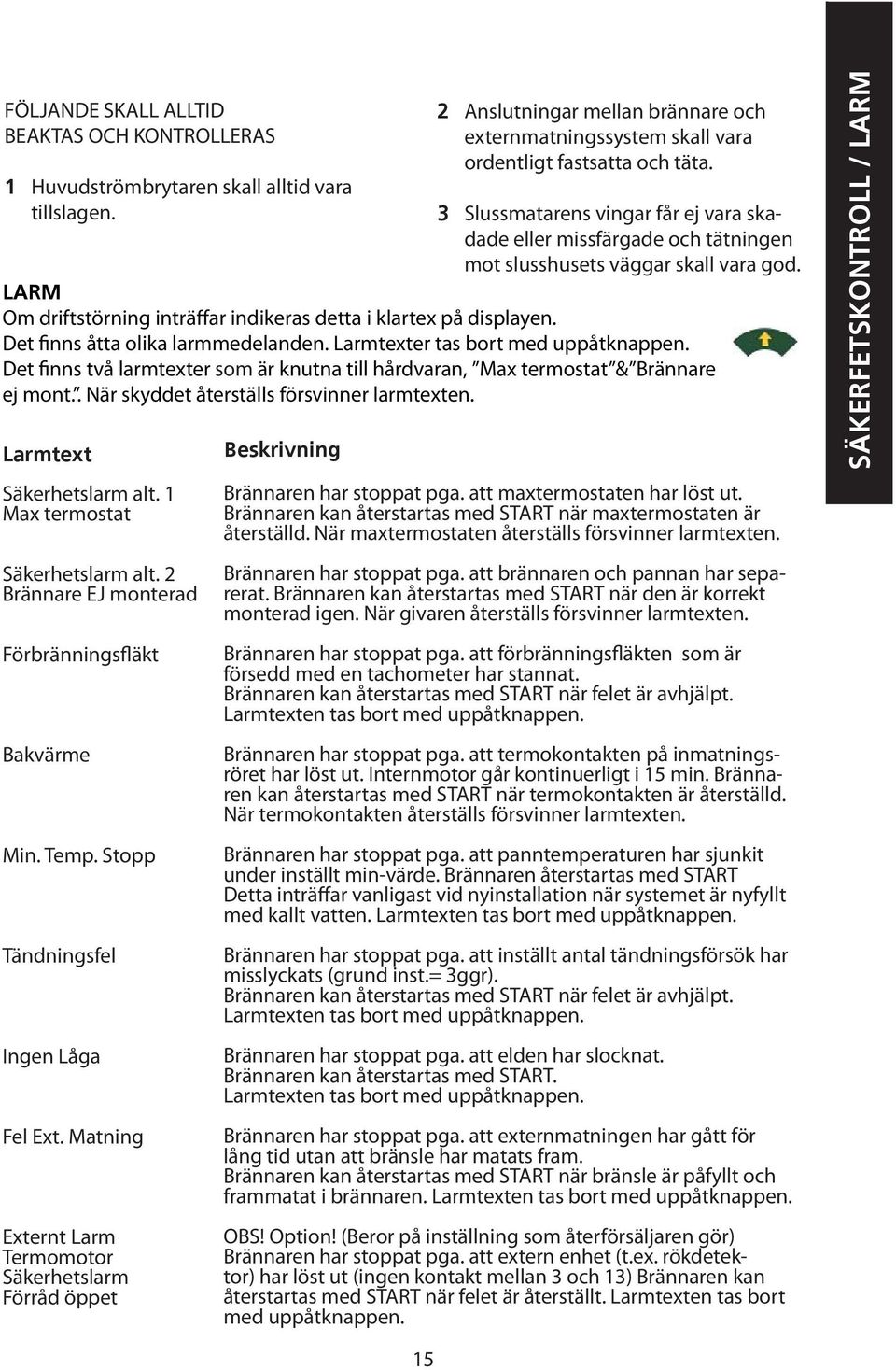 . När skyddet återställs försvinner larmtexten. Larmtext Säkerhetslarm alt. 1 Max termostat Säkerhetslarm alt. 2 Brännare EJ monterad Förbränningsfläkt Bakvärme Min. Temp.