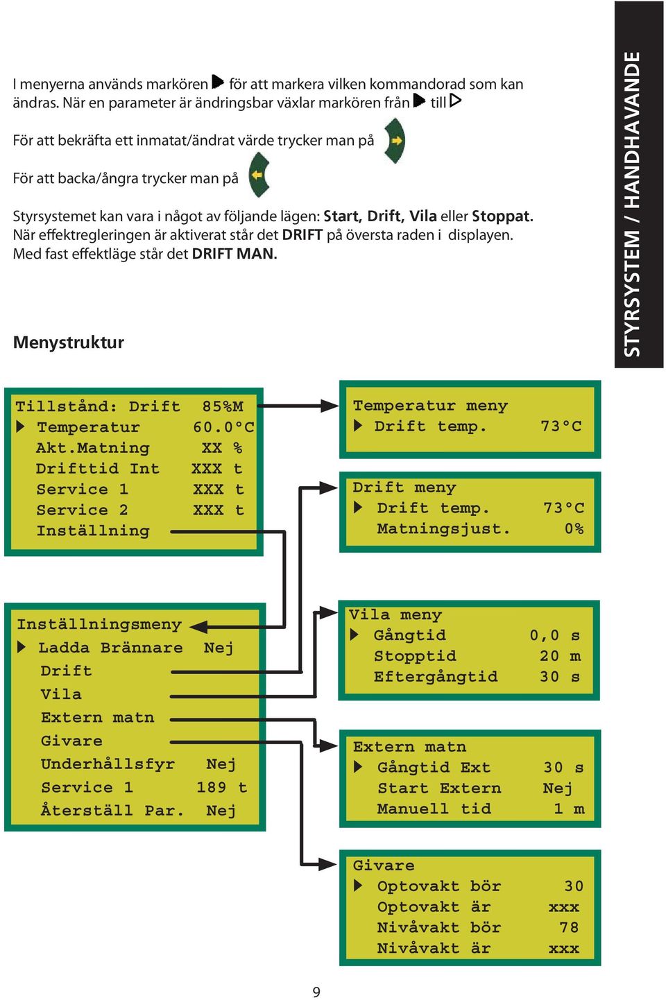 Start, Drift, Vila eller Stoppat. När effektregleringen är aktiverat står det DRIFT på översta raden i displayen. Med fast effektläge står det DRIFT MAN.