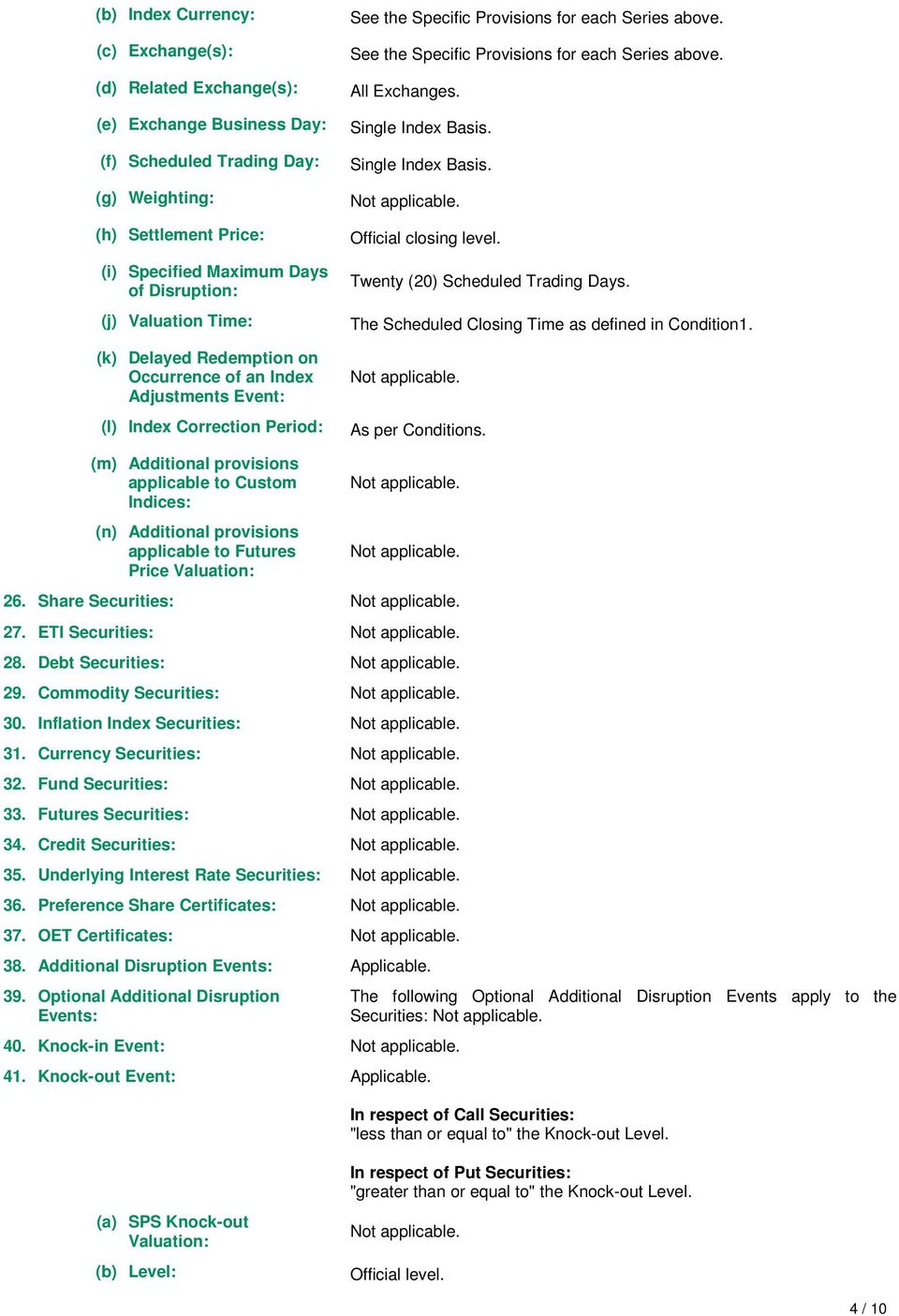 See the Specific Provisions for each Series above. All Exchanges. Single Index Basis. Single Index Basis. Official closing level. Twenty (20) Scheduled Trading Days.