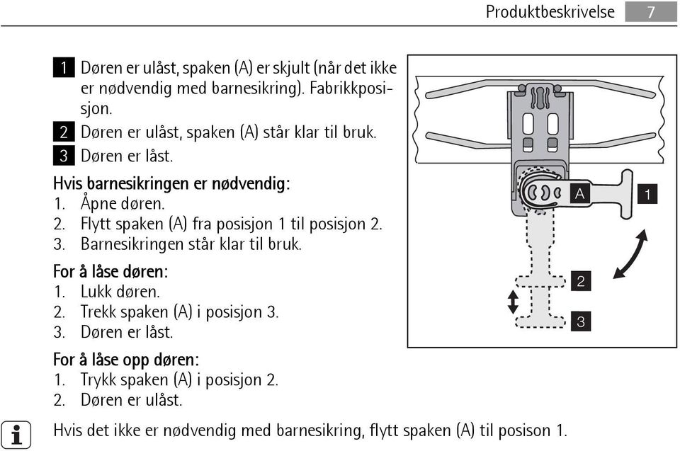 Flytt spaken (A) fra posisjon 1 til posisjon 2. 3. Barnesikringen står klar til bruk. For å låse døren: 1. Lukk døren. 2. Trekk spaken (A) i posisjon 3.