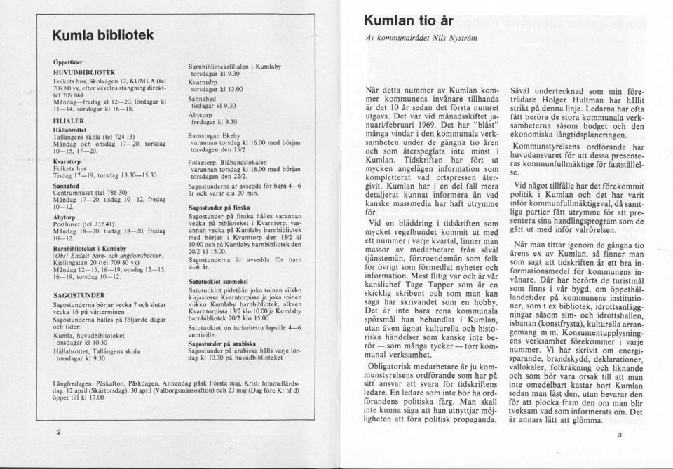 us Tisdag [7-19, torsdag [3.30-15.30 Sannahed Centrumhuset (tel 78630) Måndag 17-20, tisdag IQ--.-12, fredag 10-[2. AbylOrp Posthuset (tel 73241). Måndag 18-20, tisdag 18-20, fredag [Q--.-[2. Barnbibliotekel i Kumlaby (Ob3!