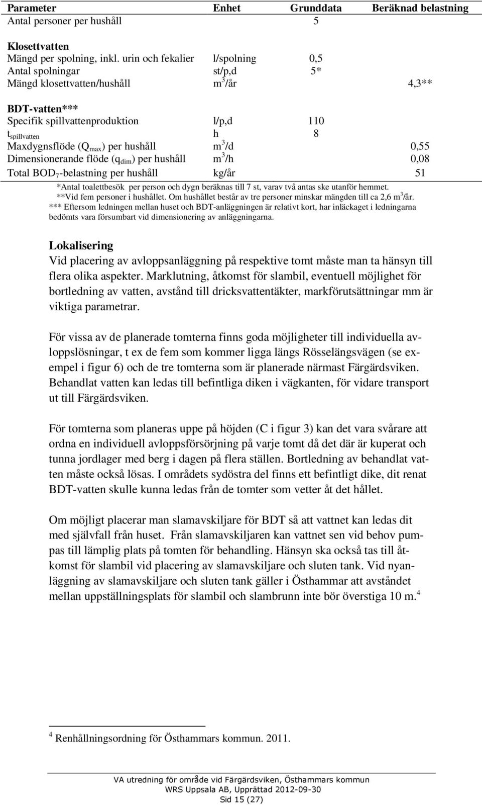 per hushåll m 3 /d 0,55 Dimensionerande flöde (q dim ) per hushåll m 3 /h 0,08 Total BOD 7 -belastning per hushåll kg/år 51 *Antal toalettbesök per person och dygn beräknas till 7 st, varav två antas