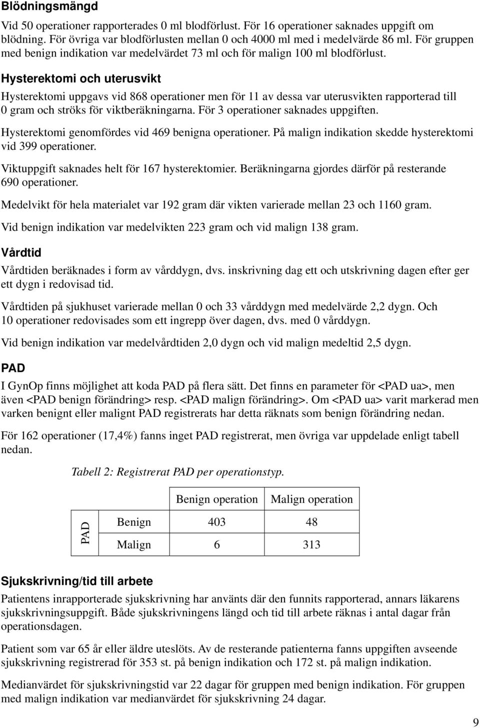 Hysterektomi och uterusvikt Hysterektomi uppgavs vid 868 operationer men för 11 av dessa var uterusvikten rapporterad till 0 gram och ströks för viktberäkningarna.