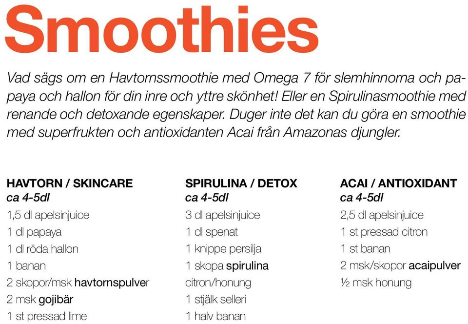 Havtorn / SKINCARE ca 4-5dl 1,5 dl apelsinjuice 1 dl papaya 1 dl röda hallon 1 banan 2 skopor/msk havtornspulver 2 msk gojibär 1 st pressad lime Spirulina / Detox ca 4-5dl