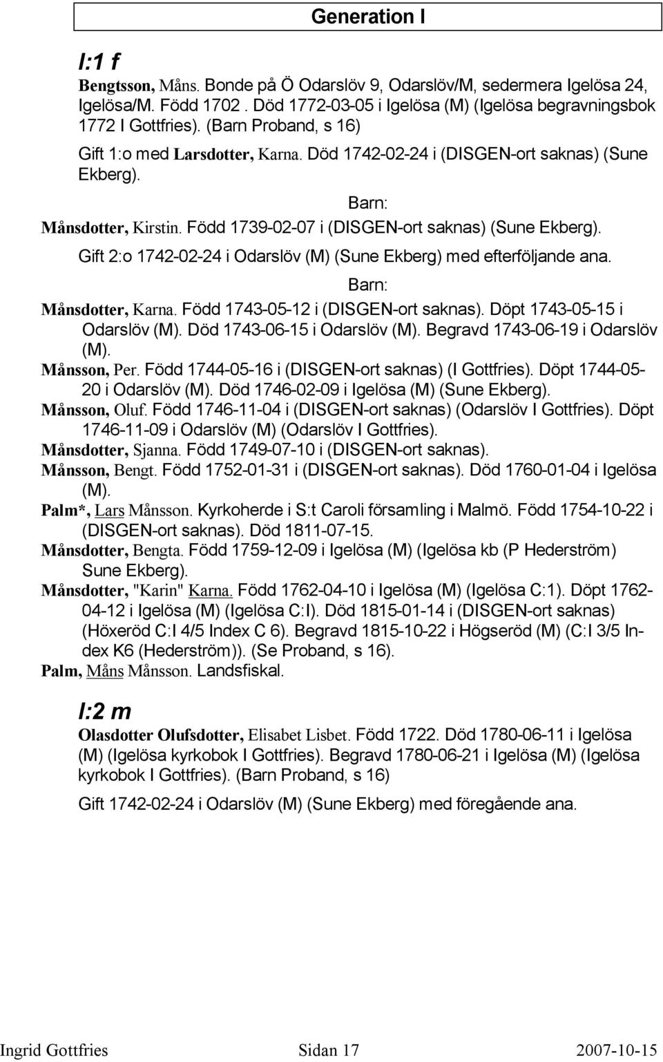 Gift 2:o 1742-02-24 i Odarslöv (M) (Sune Ekberg) med efterföljande ana. Barn: Månsdotter, Karna. Född 1743-05-12 i (DISGEN-ort saknas). Döpt 1743-05-15 i Odarslöv (M). Död 1743-06-15 i Odarslöv (M).