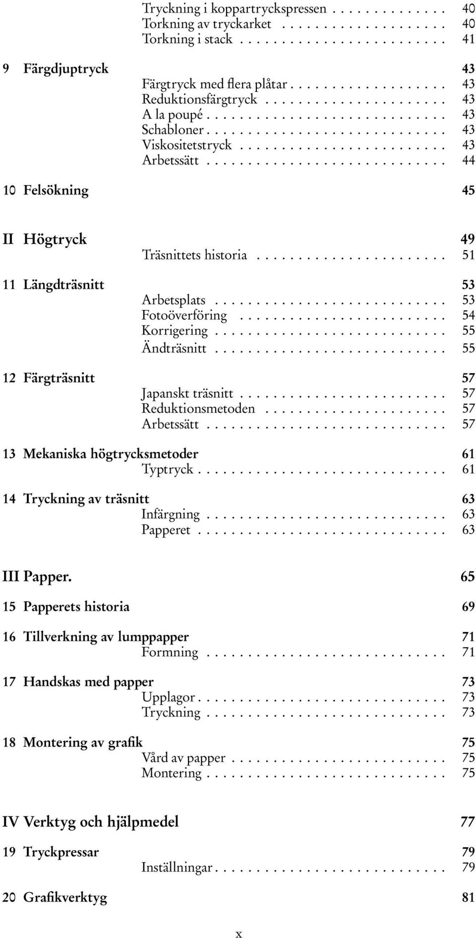 ............................ 44 10 Felsökning 45 II Högtryck 49 Träsnittets historia....................... 51 11 Längdträsnitt 53 Arbetsplats............................ 53 Fotoöverföring.