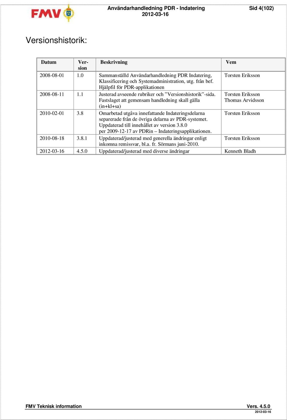 1 Justerad avseende rubriker och Versionshistorik -sida. Fastslaget att gemensam handledning skall gälla Torsten Eriksson Thomas Arvidsson (in+kl+sa) 2010-02-01 3.