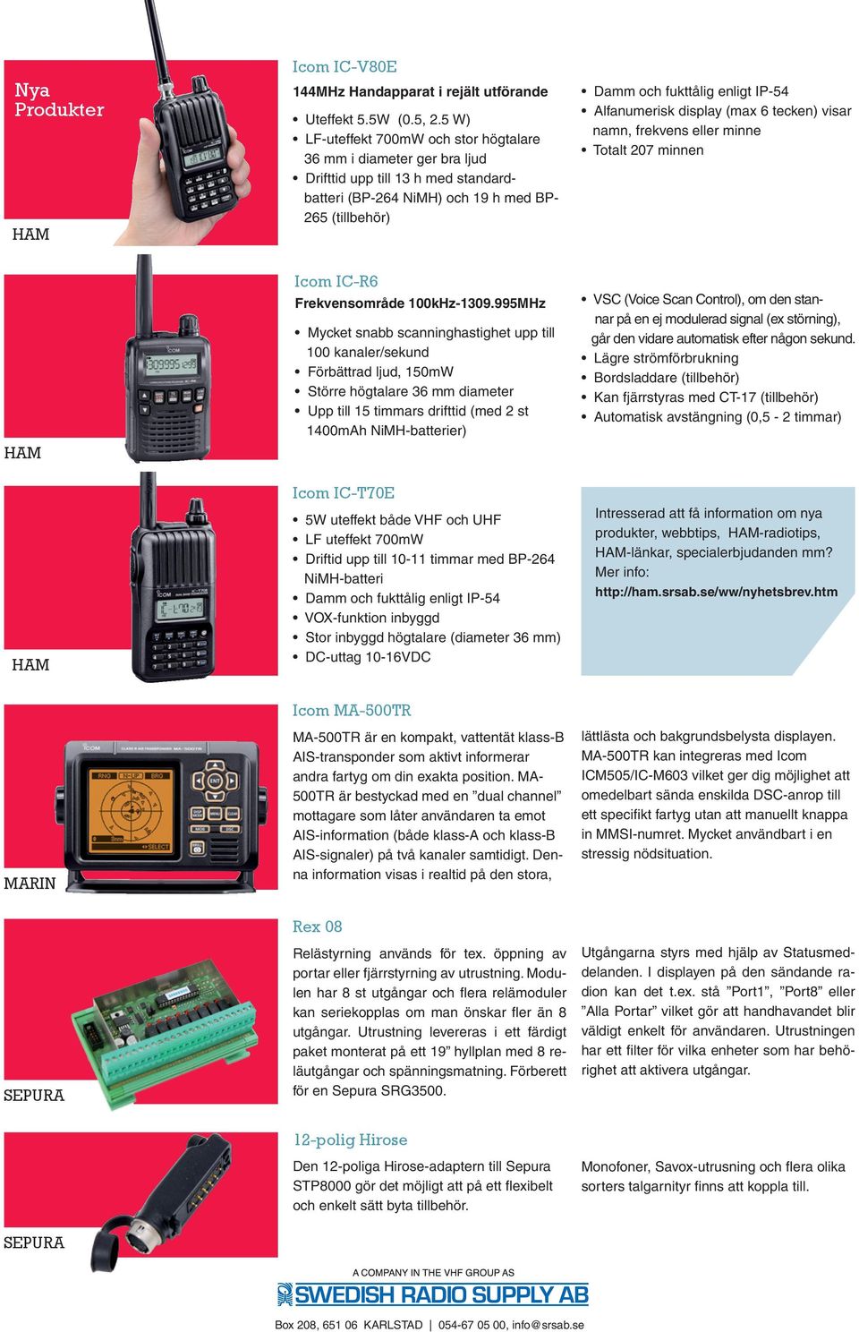 Alfanumerisk display (max 6 tecken) visar namn, frekvens eller minne Totalt 207 minnen HAM HAM Icom IC-R6 Frekvensområde 100kHz-1309.