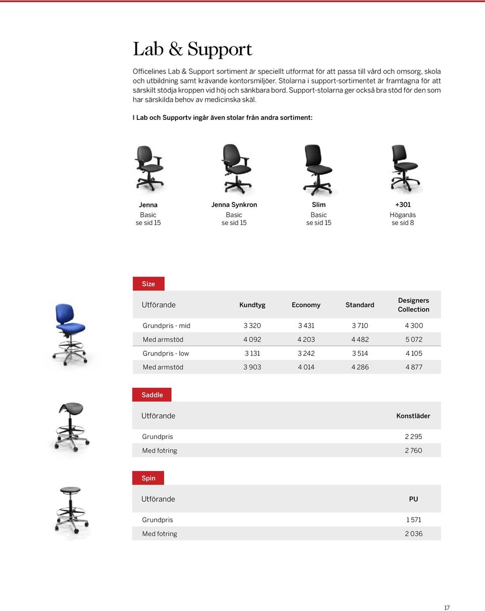 I Lab och Supportv ingår även stolar från andra sortiment: Jenna Basic se sid 15 Jenna Synkron Basic se sid 15 Slim Basic se sid 15 +301 Höganäs se sid 8 Size Kundtyg Economy Standard Grundpris -