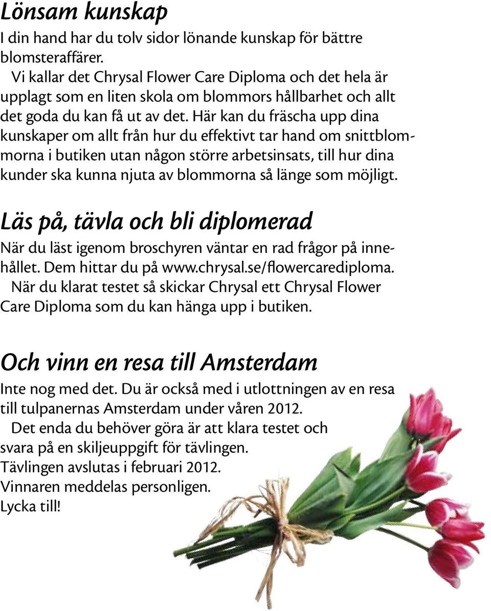 Här kan du fräscha upp dina kunskaper om allt från hur du effektivt tar hand om snittblommorna i butiken utan någon större arbetsinsats, till hur dina kunder ska kunna njuta av blommorna så länge som