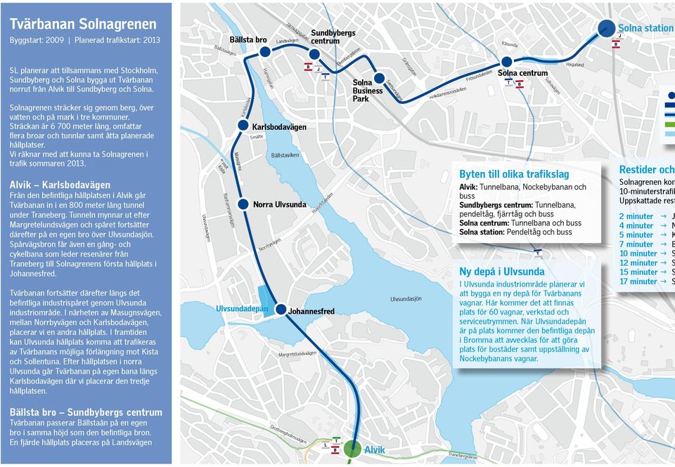 Vi räknar med att kunna ta Solnagrenen i trafik sommaren 2013. Alvik Karlsbodavägen Från den befintliga hållplatsen i Alvik går Tvärbanan in i en 800 meter lång tunnel under Traneberg.