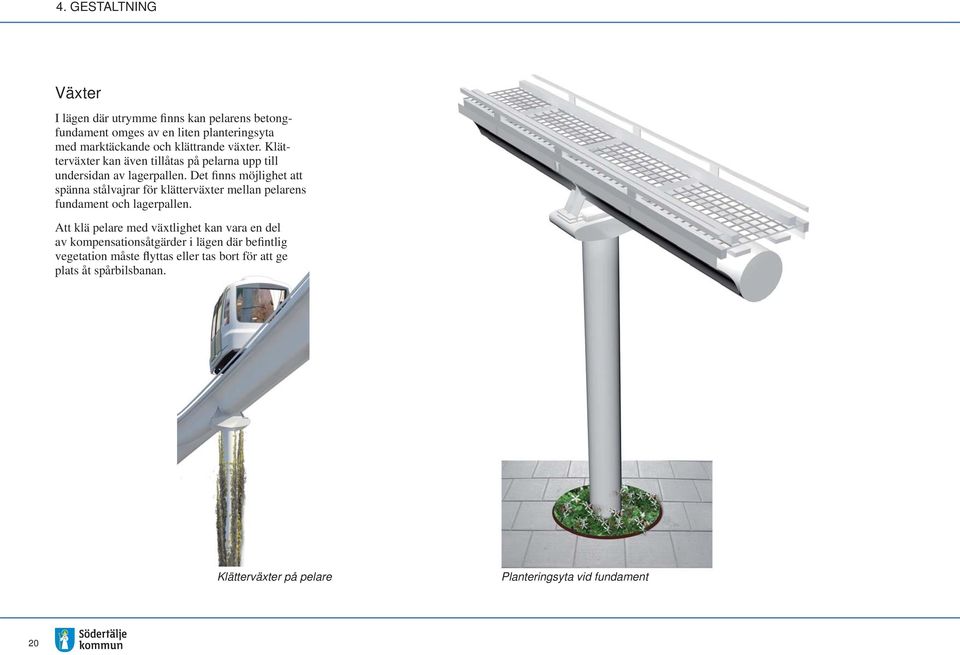 Det finns möjlighet att spänna stålvajrar för klätterväxter mellan pelarens fundament och lagerpallen.