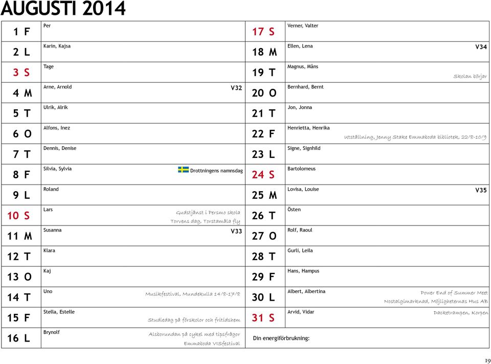 Susanna 27 OT Studiedag, fritidshemmen håller stängt V33 12 MT Klara 28 OT 13 TO Kaj 29 FT 14 OT Uno Musikfestival, Mundekulla 14/8-17/8 30 LF 15 TF 16 FL V32 Stella, Estelle Studiedag på förskolor