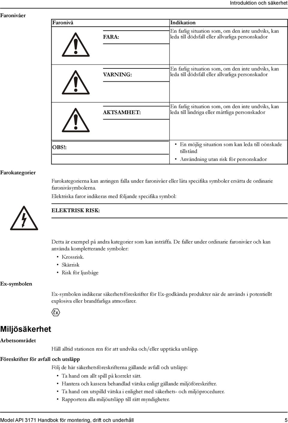 : En möjlig situation som kan leda till oönskade tillstånd Användning utan risk för personskador Farokategorier Farokategorierna kan antingen falla under faronivåer eller låta specifika symboler