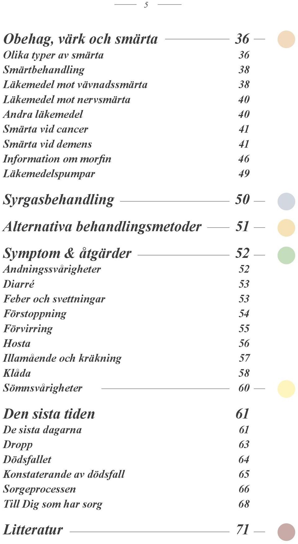 åtgärder 52 Andningssvårigheter 52 Diarré 53 Feber och svettningar 53 Förstoppning 54 Förvirring 55 Hosta 56 Illamående och kräkning 57 Klåda 58