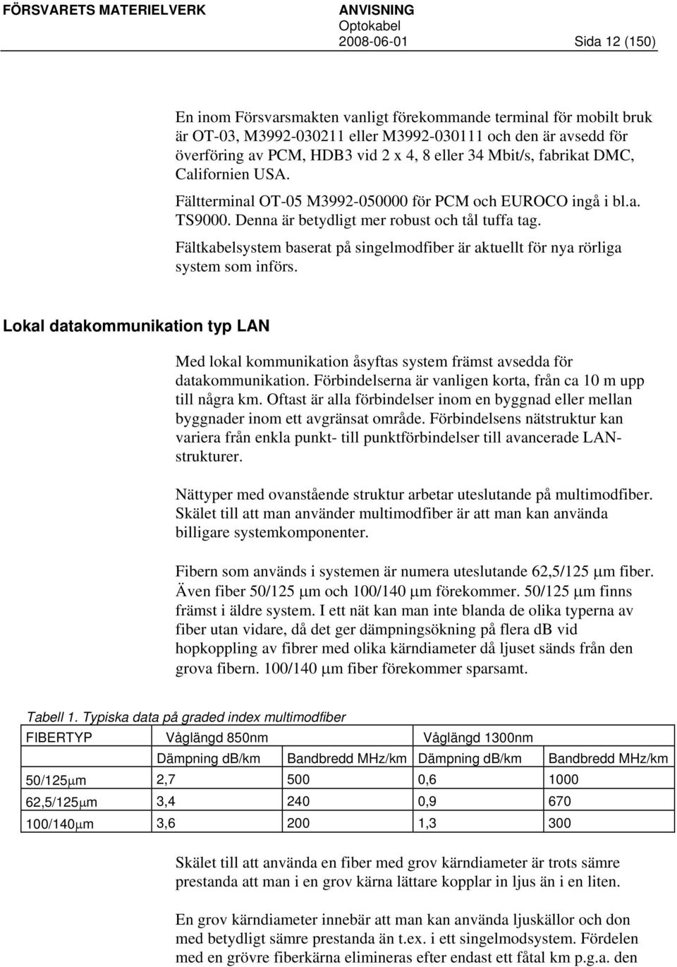 Fältkabelsystem baserat på singelmodfiber är aktuellt för nya rörliga system som införs. Lokal datakommunikation typ LAN Med lokal kommunikation åsyftas system främst avsedda för datakommunikation.