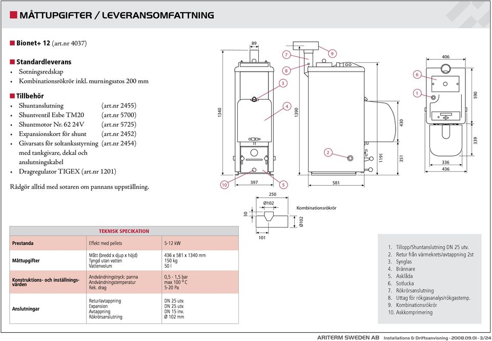 nr 2454) med tankgivare, dekal och anslutningskabel Dragregulator TIGEX (art.nr 1201) 1340 4 1390 2 1191 430 351 1 336 436 590 339 Rådgör alltid med sotaren om pannans uppställning.