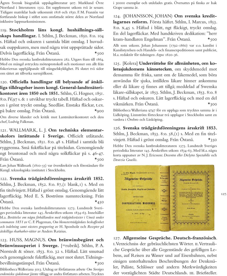 I huvudsak ouppskuren, men med några trist uppsprättade sidor. Delvis lagerfläckig. Från Östanå. *500 Hebbe Den svenska lantbrukslitteraturen 282. Utgavs fram till 1864.