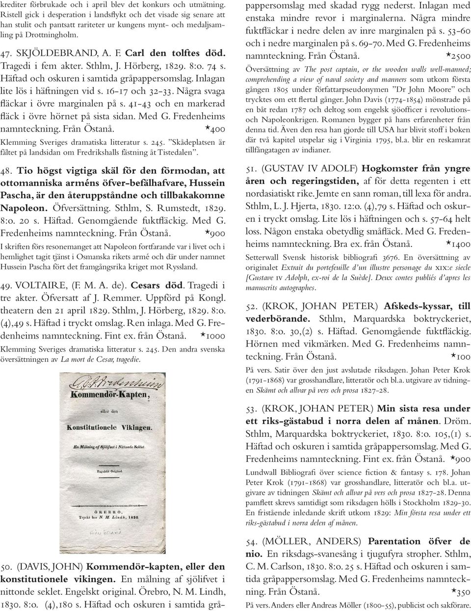 Carl den tolftes död. Tragedi i fem akter. Sthlm, J. Hörberg, 1829. 8:o. 74 s. Häftad och oskuren i samtida gråpappersomslag. Inlagan lite lös i häftningen vid s. 16-17 och 32-33.