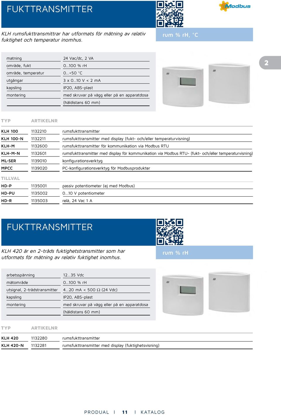 1132210 rumsfukttransmitter KLH 100-N 1132211 rumsfukttransmitter med display (fukt- och/eller temperaturvisning) KLH-M 1132600 rumsfukttransmitter för kommunikation via Modbus RTU KLH-M-N 1132601