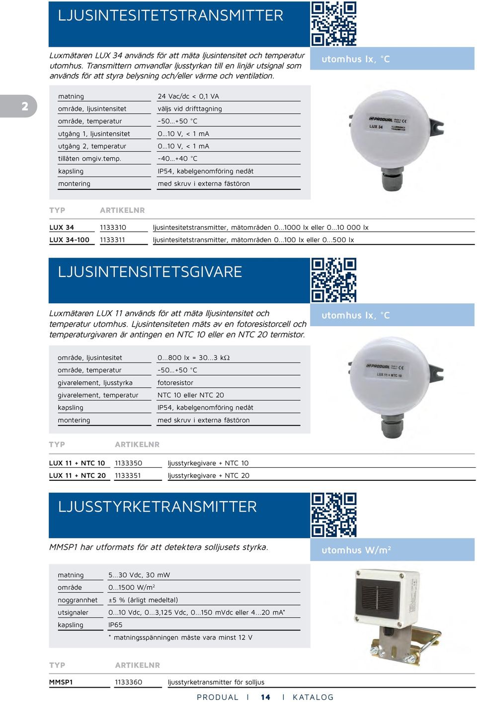 utomhus lx, C 2 24 Vac/dc < 0,1 VA område, ljusintensitet väljs vid drifttagning område, temperatur -50 +50 C utgång 1, ljusintensitet 0 10 V, < 1 ma utgång 2, temperatur 0 10 V, < 1 ma tillåten