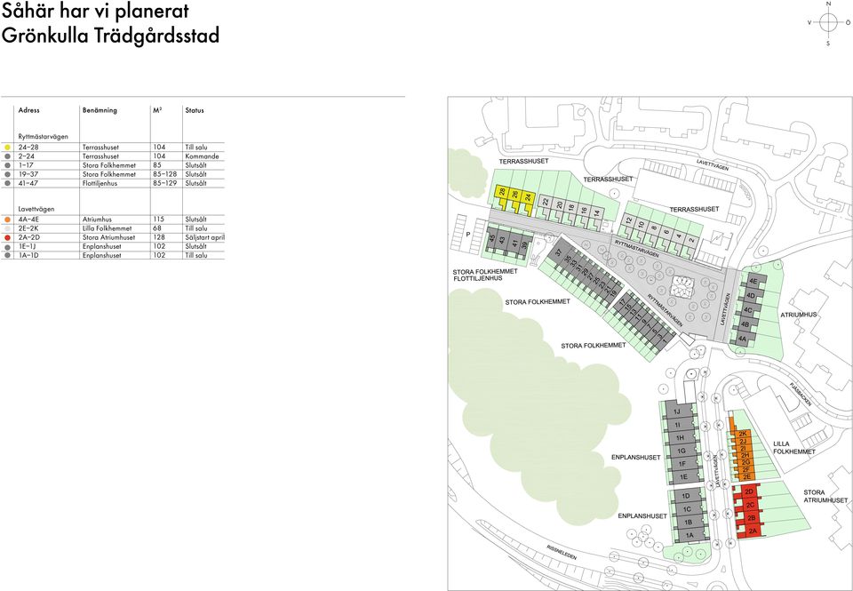 Till salu Kommande Slutsålt Slutsålt Slutsålt Lavettvägen 4A 4E 2E 2K 2A 2D 1E 1J 1A 1D Atriumhus Lilla
