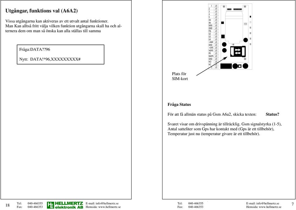 ?96 Nytt: DATA!*96,XXXXXXXXX# Plats för SIM-kort Fråga Status För att få allmän status på Gsm A6a2, skicka texten: Status?