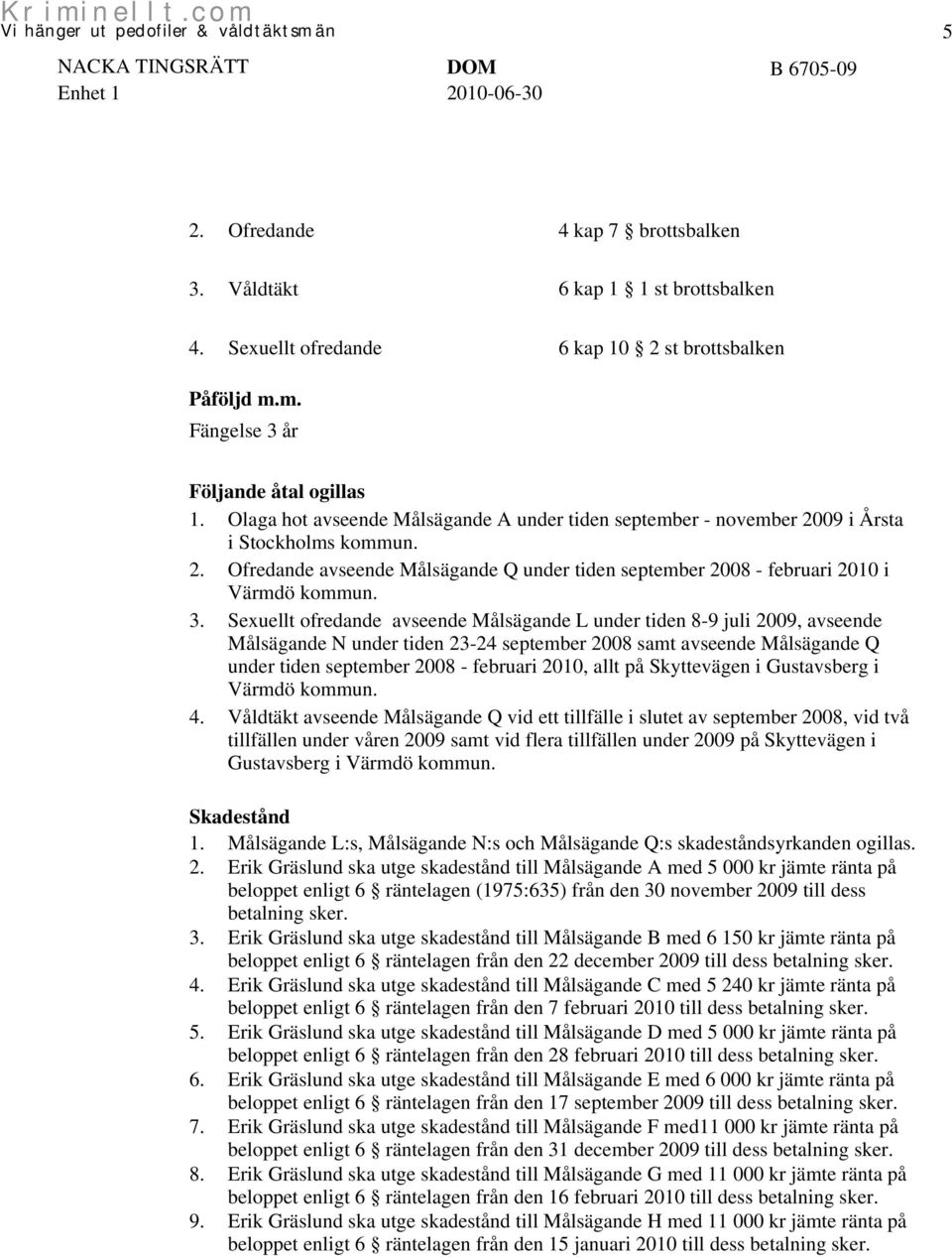 Sexuellt ofredande avseende Målsägande L under tiden 8-9 juli 2009, avseende Målsägande N under tiden 23-24 september 2008 samt avseende Målsägande Q under tiden september 2008 - februari 2010, allt