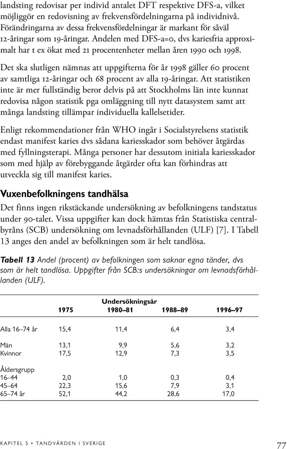 Andelen med DFS-a=0, dvs kariesfria approximalt har t ex ökat med 21 procentenheter mellan åren 1990 och 1998.