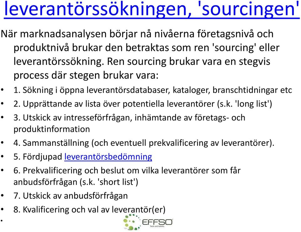 Upprättande av lista över potentiella leverantörer (s.k. 'long list') 3. Utskick av intresseförfrågan, inhämtande av företags- och produktinformation 4.