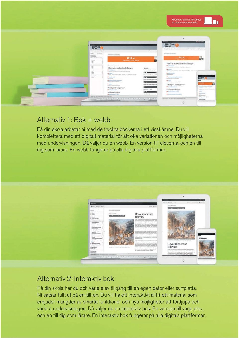 En webb fungerar på alla digitala plattformar. Alternativ 2: Interaktiv bok På din skola har du och varje elev tillgång till en egen dator eller surfplatta. Ni satsar fullt ut på en-till-en.
